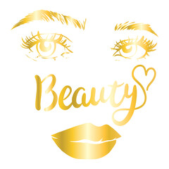 Eyelash extension logo. Makeup with gold glitter. Vector illustration