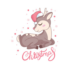 Vector illustration Cute cartoon Deer with gift in a Santa hat