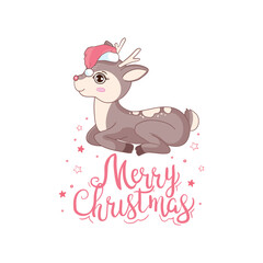 Vector illustration Cute cartoon Deer with gift in a Santa hat