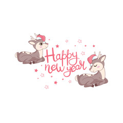 Vector illustration Cute cartoon Deer with gift in a Santa hat