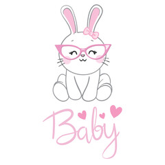 Cute little rabbit with pink glasses. Sweet Girl slogan. Funny bunny face. Vector illustration for children print design, kids t-shirt, baby wear