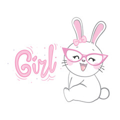Cute little rabbit with pink glasses. Sweet Girl slogan. Funny bunny face. Vector illustration for children print design, kids t-shirt, baby wear