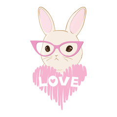 Cute little rabbit with pink glasses. Sweet Girl slogan. Funny bunny face. Vector illustration for children print design, kids t-shirt, baby wear