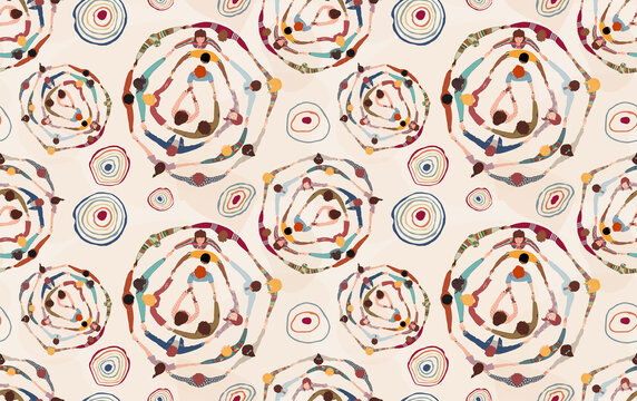 Background or wallpaper seamless pattern with group of diverse people in a circle from different cultures holding hands. Community men and women of friends or volunteers. Top view. Team