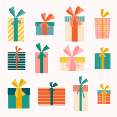 Christmas gift boxes with cute bow ribbons. Traditional xmas presents with simple ornaments and decorations. Flat illustration for winter holidays graphic design.
