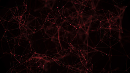 Red abstract space with connecting dots and lines. Dark background. 3D rendering.