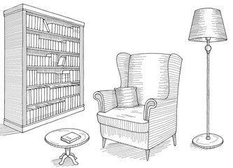 Library interior graphic black white sketch isolated illustration vector 