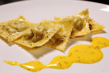 Classical ravioli stuffed with different filling with sauce on a white plate. Side view.