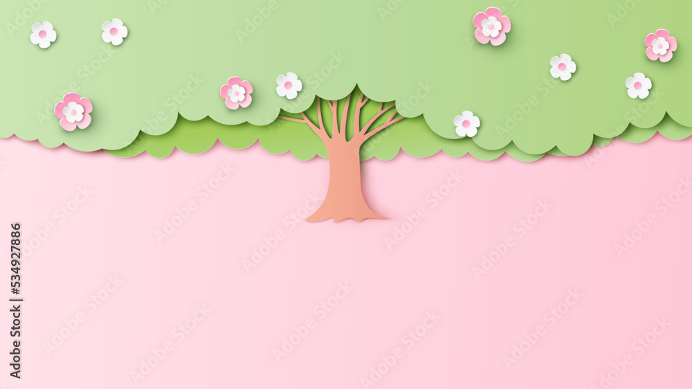 Poster spring tree background. springtime. beautiful springtime. paper cut and craft style. vector, illustr