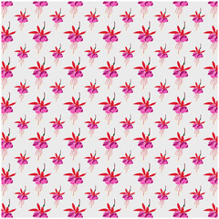 Seamless floral pattern of hand drawn stylised Fuchsia flowers on white background