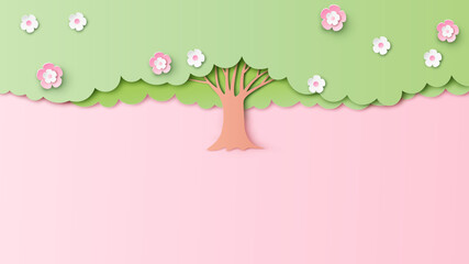 Spring tree background. springtime. Beautiful springtime. paper cut and craft style. vector, illustration.