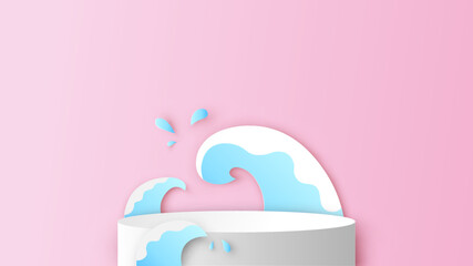 Summer circle stage podium scene decorated with sea wave splash and blank space. Summer stage podium mockup template. paper cut and craft style. vector, illustration.