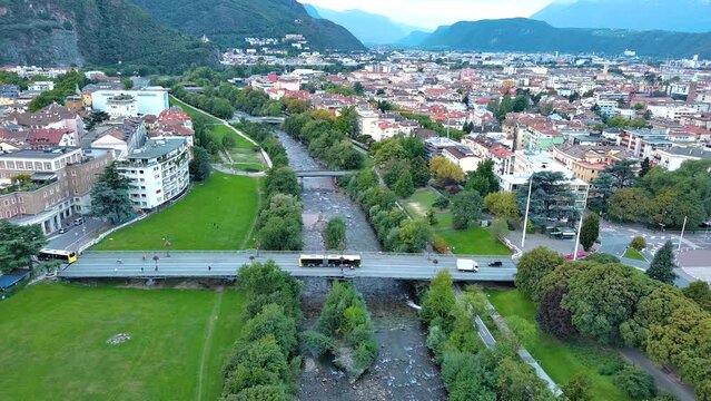 Bolzano traffic city view fom sky, bolzano italy viewm from above bozen park birdge river.