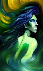 Green-haired beautiful girl. Abstraction.