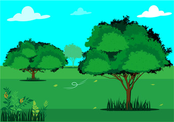 spring landscape with garden tools vector illustration.landscape with trees