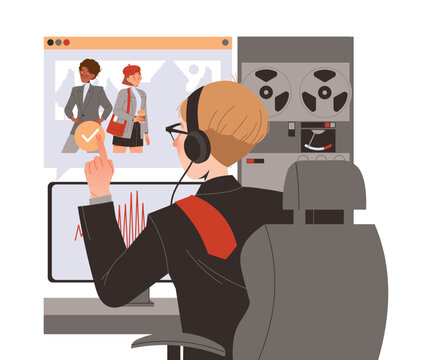 Man Special Agent at Computer Monitor with Headphones Watching People as Spying and Monitoring Vector Illustration