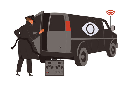 Man Special Agent in Black Coat and Hat Near Van with Spyware Spying and Monitoring Vector Illustration
