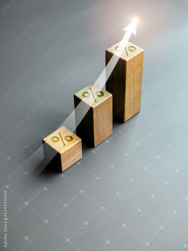 Poster shining rise up arrow on wooden cube blocks with percentage icon, bar graph chart steps table, verti