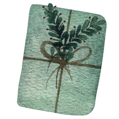 Watercolor Christmas present or gift in a craft paper with new year decor