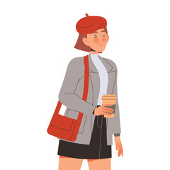 Young Woman in Red Beret and Handbag Walking with Paper Coffee Cup Vector Illustration