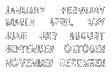 Сollection of months written by lettering in the steampunk style. The names of the 12 months written by hand in letters with gears and mechanisms in steampunk style are isolated on a white background.