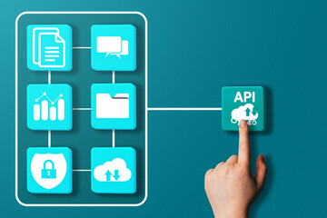 Woman hand clicking on API button opening VR interface. Application Programming Interface. Software...