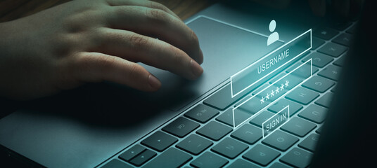 Banner of woman using laptop with VR interface on keyboard. Secure access to user's personal information. Sign in with username and password. Cyber security and data protection.