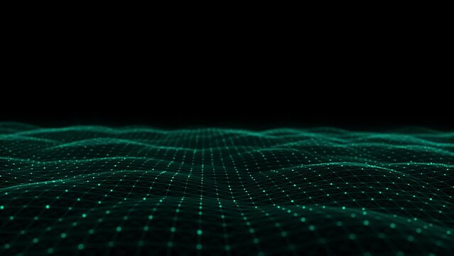 Futuristic digital wave. Dark cyberspace. Abstract wave with dots and line. Green moving particles on a black background. 3d rendering.