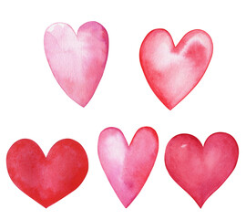Watercolor romantic set of red hearts, isolated on transparent background 