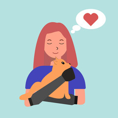 Flat illustration of a girl with prosthetic arms. A disabled girl holds a kitten in her hands. People with disabilities.