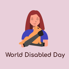 Flat illustration of a girl with prosthetic arms. A disabled girl holds a kitten in her hands. People with disabilities. International Day of Persons with Disabilities. World disabled day. 