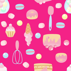 Seamless pattern sweets ice cream, macarons, cupcake, cake, lollipops, kitchen spatula, whisk in cartoon style on a pink background. Pattern for textiles, packaging.