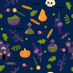 Mushrooms and plant leaves, candy, pumpkin, castle, potion, bottles, eye, Halloween style lollipop in cartoon style on a dark background. Pattern for textiles and packaging.