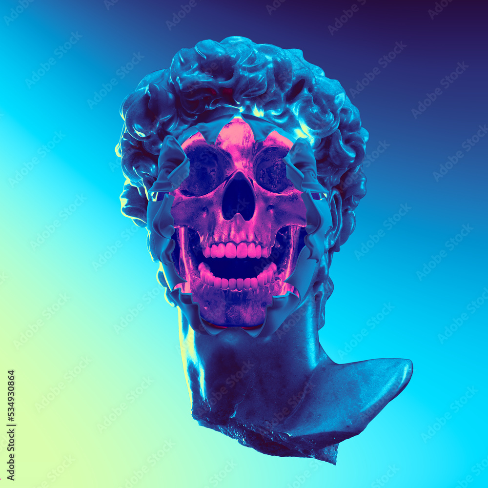 Poster abstract futuristic illustration from 3d rendering of a classical sculpture male head with opened ro