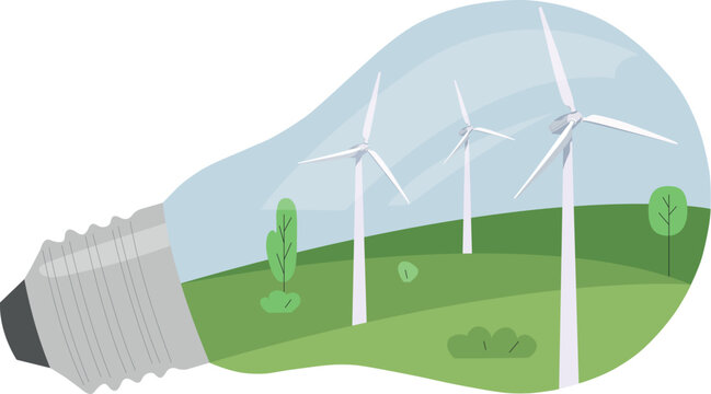 Bulb. Vector illustration showing clean electricity production. wind turbines renewable energy. Green energy wind turbines. Clean energy. Save the planet. Eco