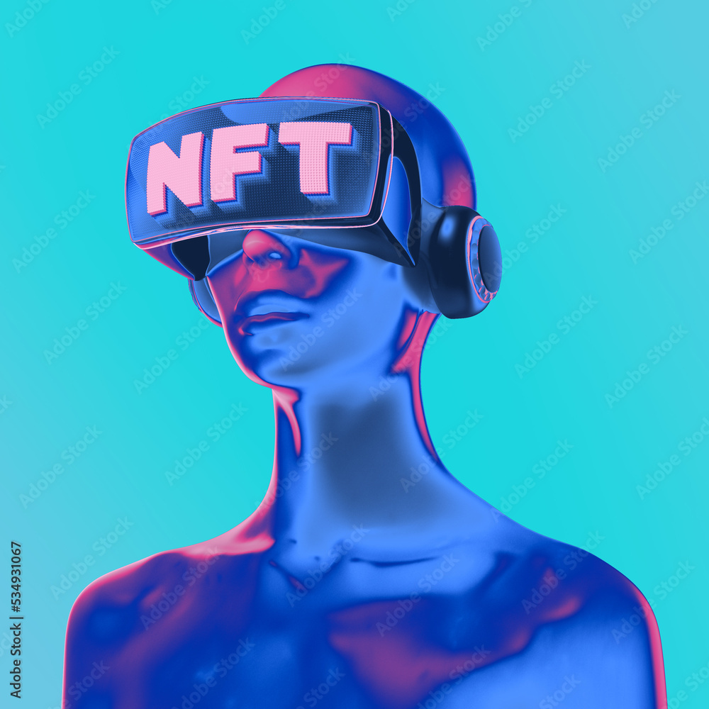 Poster concept futuristic illustration from 3d rendering of female bust figure with nft displayed on a virt