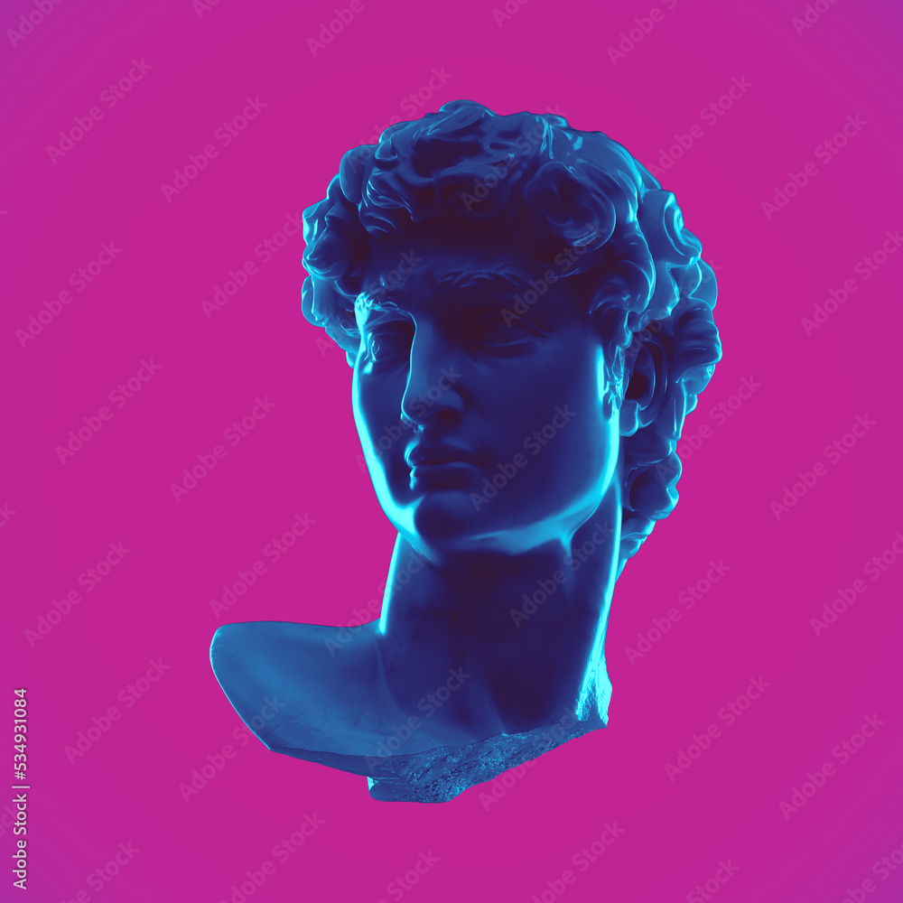 Poster digital illustration from 3d rendering of broken marble male classical head bust isolated on colorfu