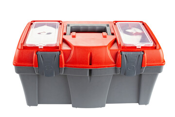 Plastic toolbox with red top isolated on white background.