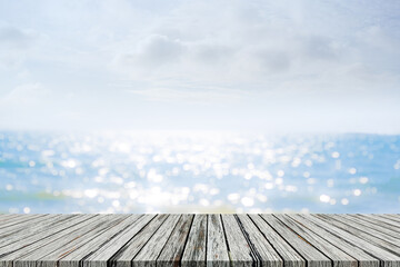 Empty Wood Table on Blur Sea Summer Background,Blank Desk with Blue Ocean and blue sky Horizon Landscape Outdoor photo Backdrop,Mockup Board for add Product Presentation,Tropical Summer Nature Tourism