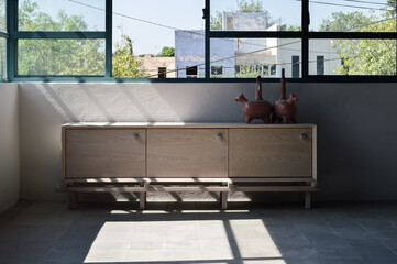 wooden credenza, buffet with natural stone on the deck mexican stuff