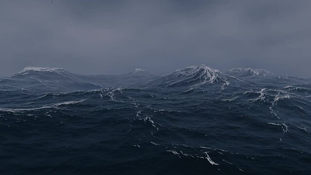 a storm at sea. the sea with waves. rough sea in the fog. a 3d animation of a storm at sea in the fog. camera that goes underwater. color grading