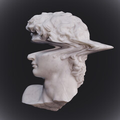 Digital concept illustration from 3D rendering of white broken and glitched marble male classical head side view isolated on dark grey background.