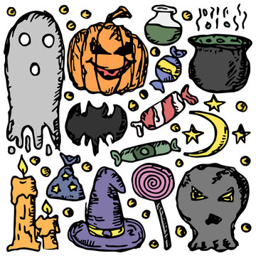 Doodle halloween icons. Halloween vector background
