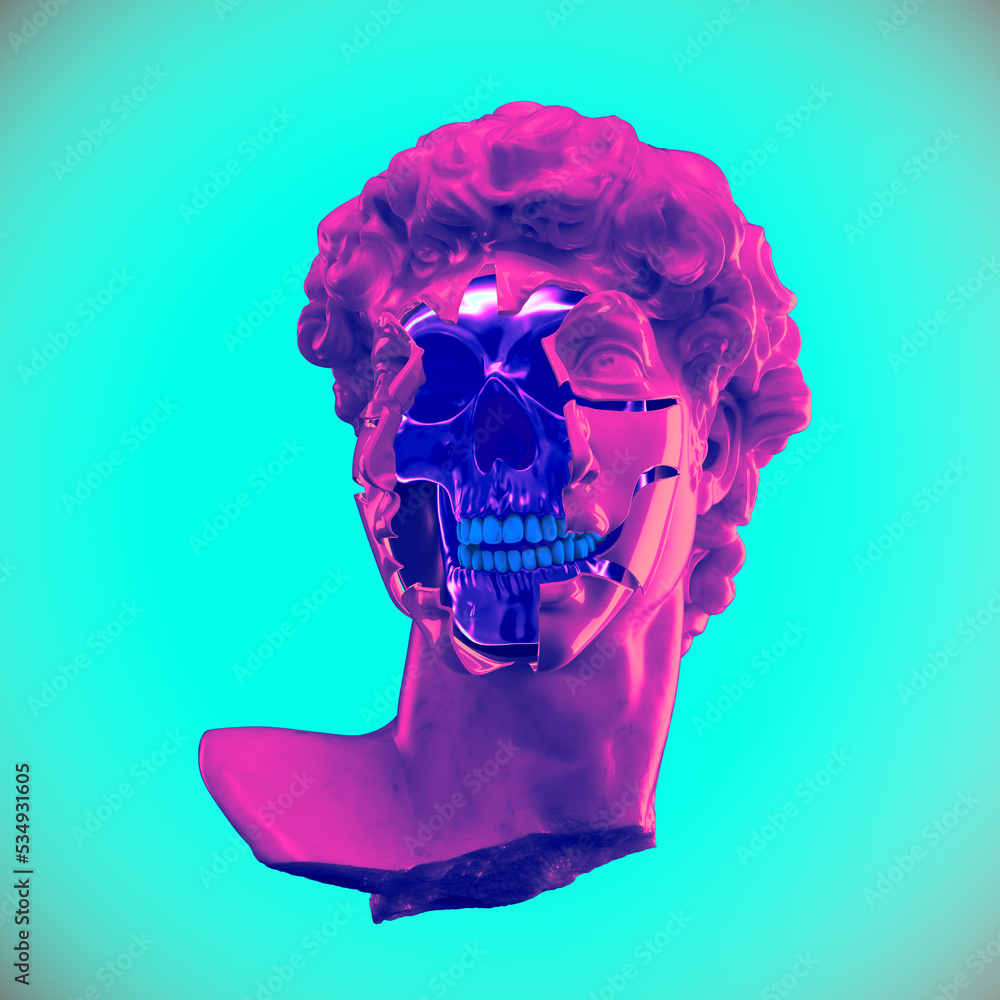 Poster abstract futuristic illustration from 3d rendering of a classical sculpture male head with opened ro