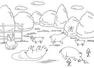 Funny pig farm yard graphic black white landscape sketch illustration vector