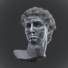 Abstract futuristic illustration from 3d rendering of a classical sculpture male marble bust with divided robotic face and isolated on grey background.