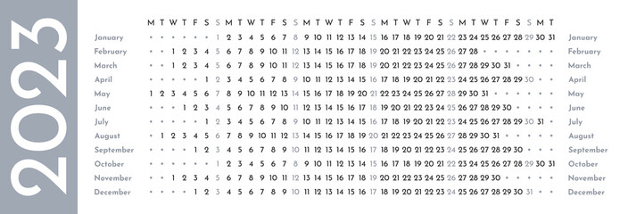 Gray simple linear calendar template for 2023 with week starts on Monday. Wall timeline calender in a minimalist style. Monthly cycle planner. Horizontal grid. Agenda organizer. Vector illustration