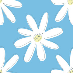 Summer print with chamomile flowers. Seamless pattern with big white flowers on a blue background. Vector illustration