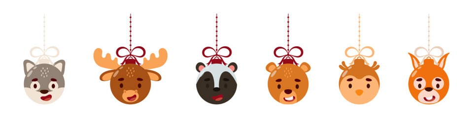 Merry Christmas and new year ball with cute wolf, moose, skunk, beaver, squirrel, owl. Collection of cartoon winter holidays animal bauble. Vector stock illustration © Jexy