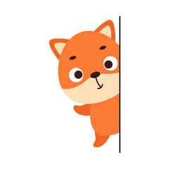 Cute little fox peeking around corner on white background. Cartoon animal character for kids t-shirt, nursery decoration, baby shower, greeting card, house interior. Vector stock illustration